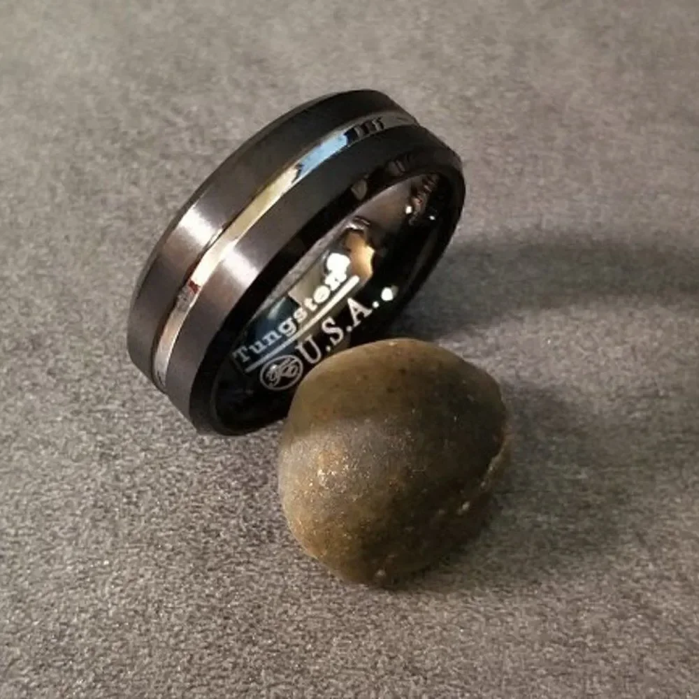 Men's Real Black Tungsten Wedding Ring With A Silver Filled Center Groove